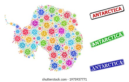 Vector infection collage Antarctica continent map, and grunge Antarctica seal stamps. Vector colorful Antarctica continent map collage, and Antarctica grunge framed rectangle stamp seals.