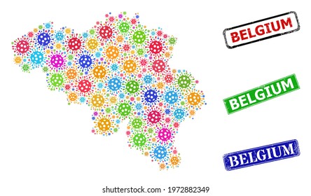Vector infection collage Belgium map, and grunge Belgium seals. Vector multi-colored Belgium map mosaic, and Belgium textured framed rectangle stamp seals.