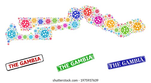Vector infection collage the Gambia map, and grunge The Gambia seals. Vector colored the Gambia map mosaic, and The Gambia corroded framed rectangle stamp seals.