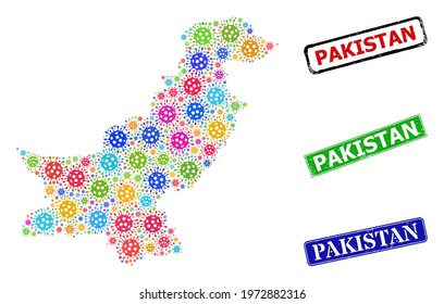 Vector infection collage Pakistan map, and grunge Pakistan seals. Vector colored Pakistan map mosaic, and Pakistan grunge framed rectangle stamp seals.