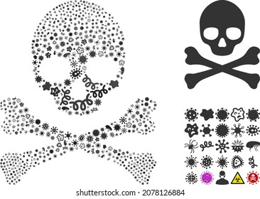 Vector infection death skull icon collage of contagious microbes. Death skull collage is shaped of infection items, parasites, microbes, spores, contagious agents, and based on death skull icon.