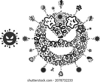 Vector infection evil virus icon collage of contagious items. Evil virus collage is constructed of virus items, parasites, microbes, spores, contagious agents, and based on evil virus icon.