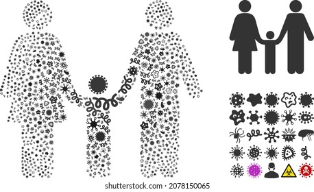 Vector infection family child icon composition of contagious items. Family child mosaic is created from infection items, parasites, microbes, spores, contagious agents, and based on family child icon.
