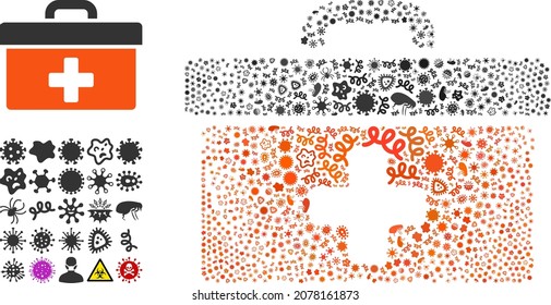 Vector infection first aid toolbox icon collage of contagious cells. First aid toolbox collage is made of infection items, parasites, microbes, spores, contagious agents,