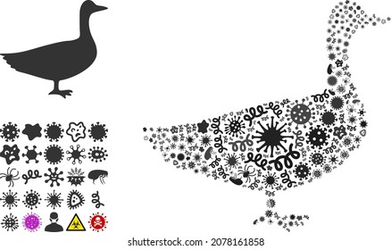 Vector infection goose icon composition of contagious microbes. Goose mosaic is organized of infection elements, parasites, microbes, spores, contagious agents, and based on goose icon.