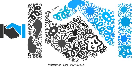 Vector infection handshake icon collage of contagious microbes. Handshake collage is designed of virus items, parasites, microbes, spores, contagious agents, and based on handshake icon.