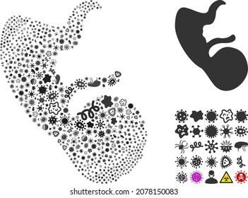 Vector infection human embryo icon collage of pandemic cells. Human embryo collage is done of infection elements, parasites, microbes, spores, contagious agents, and based on human embryo icon.