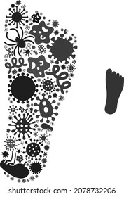 Vector infection human footprint icon mosaic of contagious microbes. Human footprint collage is organized of virus elements, parasites, microbes, spores, contagious agents,