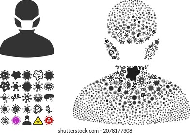 Vector infection masked man icon mosaic of contagious items. Masked man collage is designed of virus items, parasites, microbes, spores, contagious agents, and based on masked man icon.