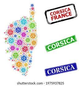 Vector infection mosaic Corsica map, and grunge Corsica seal stamps. Vector colorful Corsica map mosaic, and Corsica grunge framed rectangle watermarks.