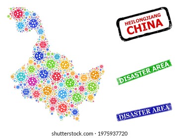 Vector infection mosaic Heilongjiang Province map, and grunge Disaster Area badges. Vector colored Heilongjiang Province map mosaic, and Disaster Area rubber framed rectangle stamps.