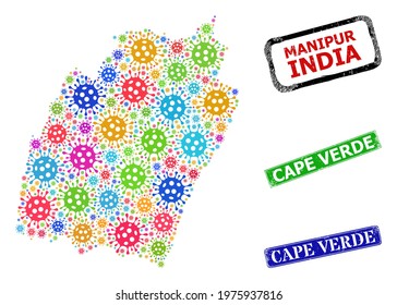 Vector infection mosaic Manipur State map, and grunge Cape Verde seal stamps. Vector multi-colored Manipur State map mosaic, and Cape Verde grunge framed rectangle watermarks.