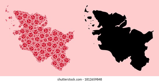 Vector infection mosaic and solid map of Schleswig-Holstein State. Map of Schleswig-Holstein State vector mosaic for outbreak campaigns and propaganda.