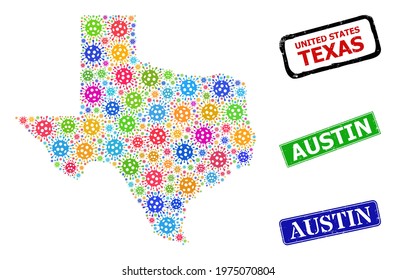Vector infection mosaic Texas State map, and grunge Austin seal stamps. Vector multi-colored Texas State map mosaic, and Austin unclean framed rectangle stamp seals.