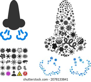 Vector infection nose breath icon mosaic of contagious cells. Nose breath mosaic is designed of virus elements, parasites, microbes, spores, contagious agents, and based on nose breath icon.