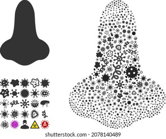 Vector infection nose icon mosaic of pandemic microbes. Nose mosaic is formed from infection elements, parasites, microbes, spores, contagious agents, and based on nose icon.