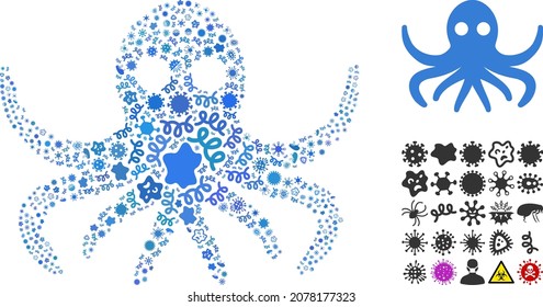 Vector infection octopus icon mosaic of contagious microbes. Octopus mosaic is made of infection items, parasites, microbes, spores, contagious agents, and based on octopus icon.