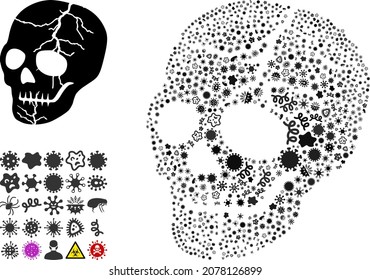 Vector infection old skull icon collage of contagious cells. Old skull collage is organized of infection elements, parasites, microbes, spores, contagious agents, and based on old skull icon.