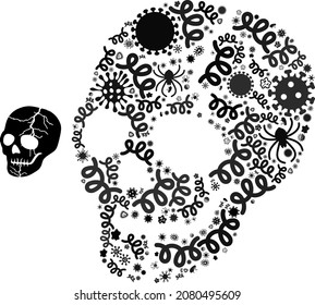 Vector infection old skull icon collage of contagious cells. Old skull collage is shaped of infection items, parasites, microbes, spores, contagious agents, and based on old skull icon.