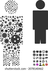 Vector infection person icon collage of contagious microbes. Person collage is shaped from infection items, parasites, microbes, spores, contagious agents, and based on person icon.