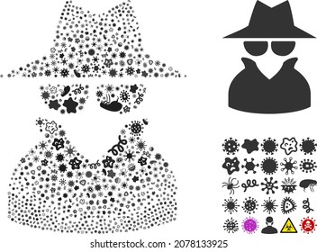 Vector infection spy icon collage of contagious microbes. Spy mosaic is made of infectious items, parasites, microbes, spores, contagious agents, and based on spy icon.