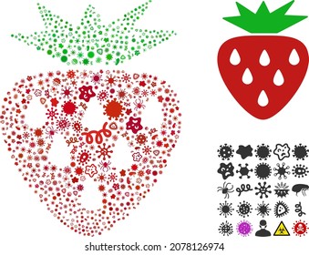 Collage de íconos de fresa de infección vectorial de microbios pandémicos. El collage de fresa está diseñado de elementos de infección, parásitos, microbios, esporas, agentes contagiosos y basado en el icono de fresa.