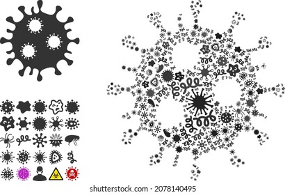 Vector infection virus icon composition of contagious cells. Virus collage is designed of infection elements, parasites, microbes, spores, contagious agents, and based on virus icon.