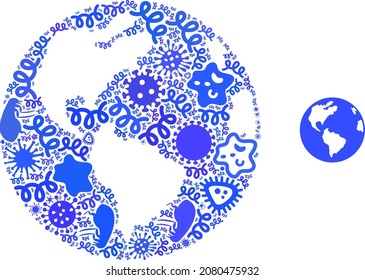 Vector infection world globe icon composition of contagious microbes. World globe collage is designed of infection items, parasites, microbes, spores, contagious agents, and based on world globe icon.