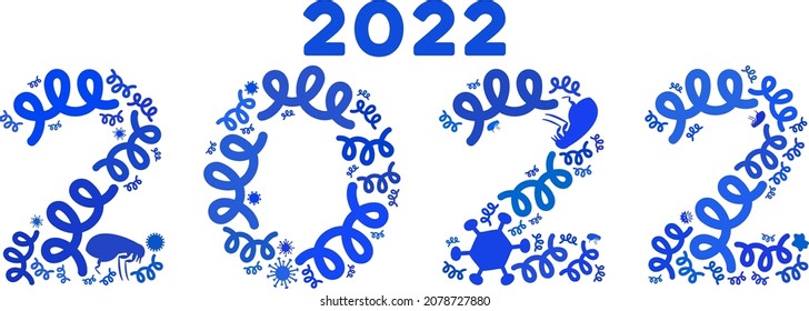 Vector infectious 2022 digits text icon mosaic of pandemic items. 2022 digits text mosaic is shaped with infectious items, parasites, microbes, spores, contagious agents,