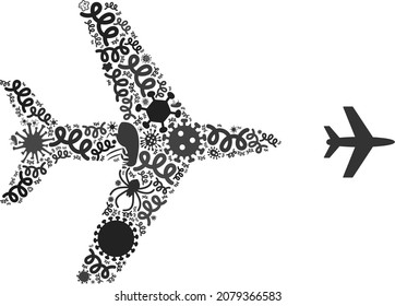 Vector infectious aircraft icon mosaic of contagious microbes. Aircraft mosaic is shaped from infectious elements, parasites, microbes, spores, contagious agents, and based on aircraft icon.