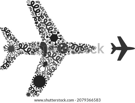 Vector infectious aircraft icon mosaic of contagious microbes. Aircraft mosaic is shaped from infectious elements, parasites, microbes, spores, contagious agents, and based on aircraft icon.