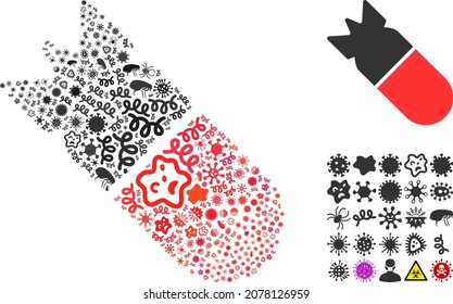 Mosaico de ícono de bomba de aviación infecciosa de vectores de artículos contagiosos. El mosaico de la bomba de aviación está organizado de artículos infecciosos, parásitos, microbios, esporas, agentes contagiosos y basado en el icono de la bomba de aviación.