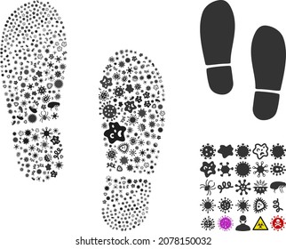 Vektorinfektiöse Bootspuren Icon-Zusammensetzung von ansteckenden Mikroben. Die Kollektion von Boot-Fußspuren wurde aus infektiösen Gegenständen, Parasiten, Mikroben, Sporen,
