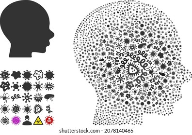 Vektorgrafik-Icon-Symbol-Sammlung ansteckender Gegenstände. Die Boy-Profile-Collage ist mit ansteckenden Gegenständen, Parasiten, Mikroben, Sporen, ansteckenden Agenzien organisiert und basiert auf dem Jungen-Profilsymbol.
