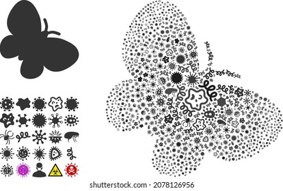 Collage de íconos de mariposa infecciosos vectores de células pandémicas. El collage de la mariposa está organizado con elementos infecciosos, parásitos, microbios, esporas, agentes contagiosos y basado en el icono de la mariposa.