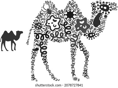 Vector infectious camel icon mosaic of contagious microbes. Camel mosaic is done from virus elements, parasites, microbes, spores, contagious agents, and based on camel icon.