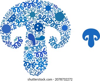 Vector infectious champignon mushroom icon collage of contagious microbes. Champignon mushroom collage is organized of infectious items, parasites, microbes, spores, contagious agents,