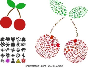 Vector infectious cherry icon mosaic of contagious microbes. Cherry collage is designed with infectious items, parasites, microbes, spores, contagious agents, and based on cherry icon.