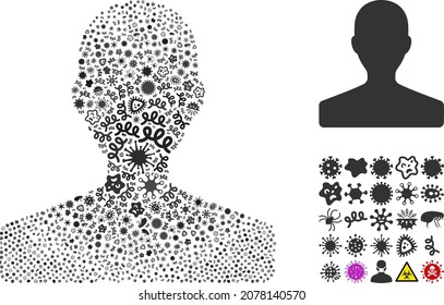 Mosaico de iconos de clientes infecciosos vectores de microbios pandémicos. El mosaico del cliente está hecho de elementos de infección, parásitos, microbios, esporas, agentes contagiosos y basado en el icono del cliente.