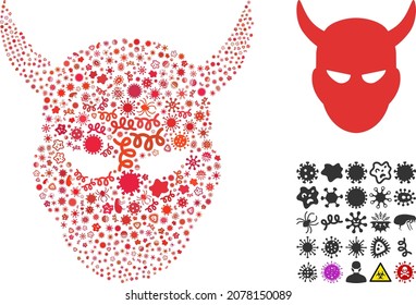 Vector infectious daemon head icon collage of contagious items. Daemon head collage is formed from infectious elements, parasites, microbes, spores, contagious agents, and based on daemon head icon.