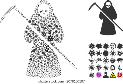 Vector infectious death scytheman icon mosaic of pandemic microbes. Death scytheman mosaic is formed of virus items, parasites, microbes, spores, contagious agents, and based on death scytheman icon.