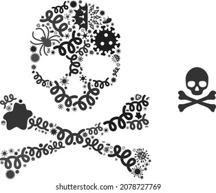 Vector infectious death skull icon collage of contagious items. Death skull collage is shaped of infectious elements, parasites, microbes, spores, contagious agents, and based on death skull icon.