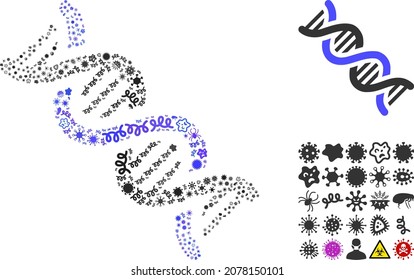 Vector infectious DNA spiral icon collage of contagious microbes. DNA spiral collage is formed of infectious elements, parasites, microbes, spores, contagious agents, and based on DNA spiral icon.