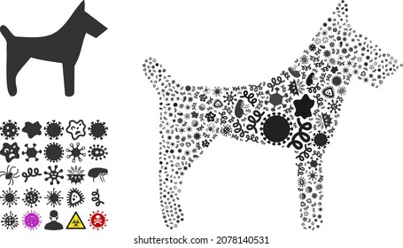 Composición de ícono de perro infeccioso vectorial de microbios contagiosos. El mosaico de perros está diseñado con elementos infecciosos, parásitos, microbios, esporas, agentes contagiosos y basado en ícono de perro.