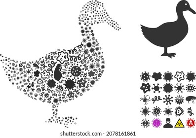 Vektorinfektiöse Ente Symbol Mosaik von ansteckenden Gegenständen. Die Entencollage besteht aus infektiösen Elementen, Parasiten, Mikroben, Sporen, ansteckenden Agenzien und basiert auf Entensymbol.