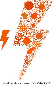 Vector infectious electric strike icon collage of contagious microbes. Electric strike collage is constructed with infectious items, parasites, microbes, spores, contagious agents,