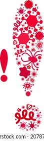 Vector infectious exclamation sign icon collage of contagious cells. Exclamation sign collage is designed with infectious elements, parasites, microbes, spores, contagious agents,
