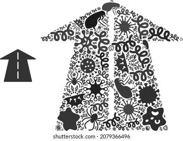 Vector infectious future road icon mosaic of contagious cells. Future road mosaic is shaped of infectious items, parasites, microbes, spores, contagious agents, and based on future road icon.