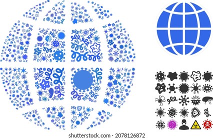 Vector infectious globe icon mosaic of contagious items. Globe mosaic is formed of infectious items, parasites, microbes, spores, contagious agents, and based on globe icon.