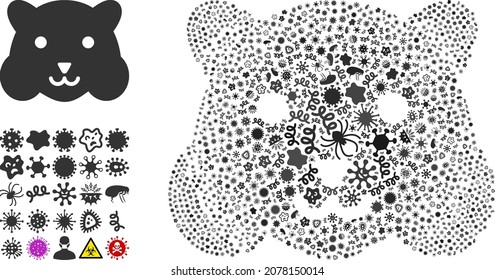 Mosaico de ícono de cabeza de hámster infeccioso vector de elementos contagiosos. El mosaico de la cabeza de hámster se hace a partir de elementos infecciosos, parásitos, microbios, esporas, agentes contagiosos y se basa en el icono de la cabeza de hámster.